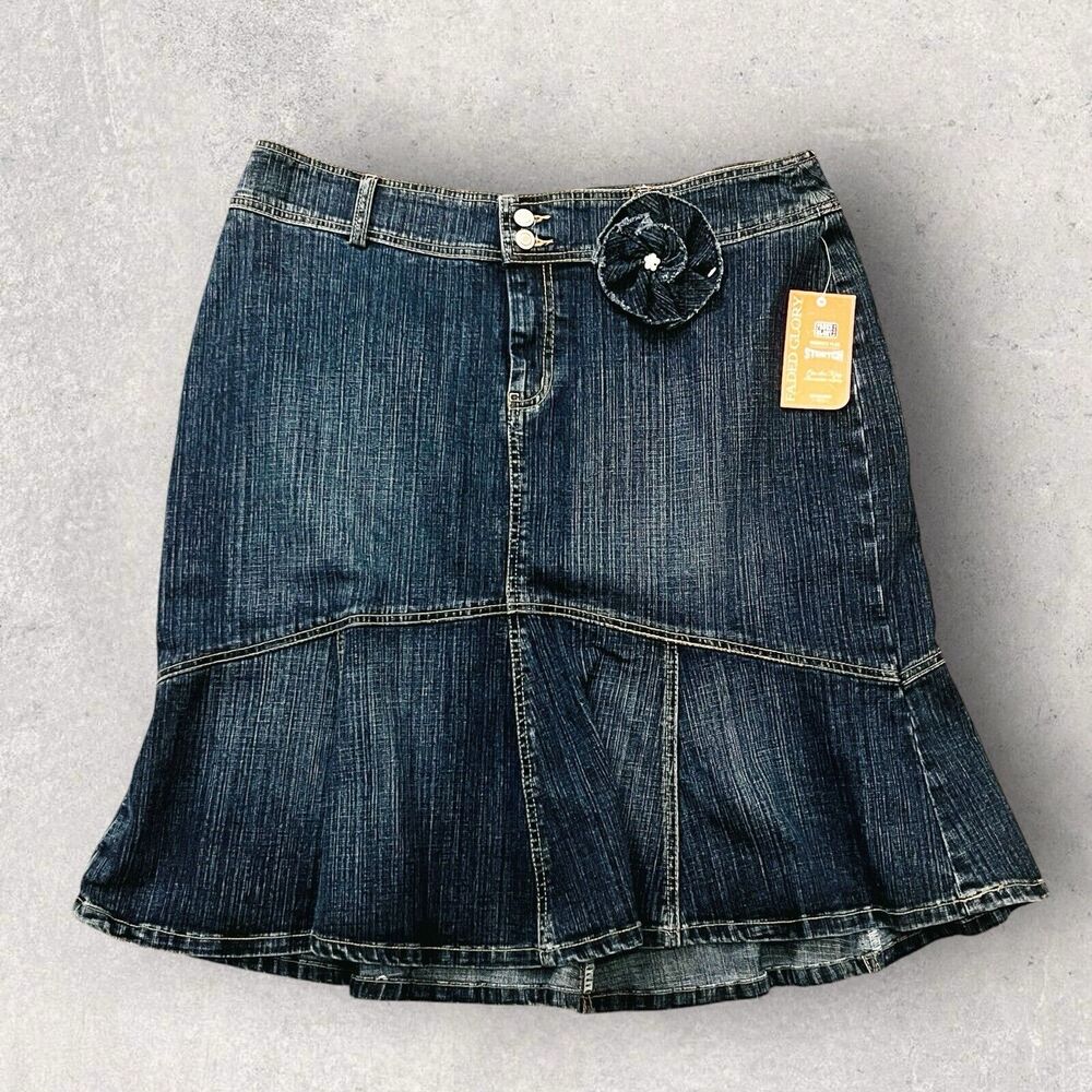 Faded Glory Womens Skirt 18W Denim Zip Front Ruffle Flare Stretch Boho Festival